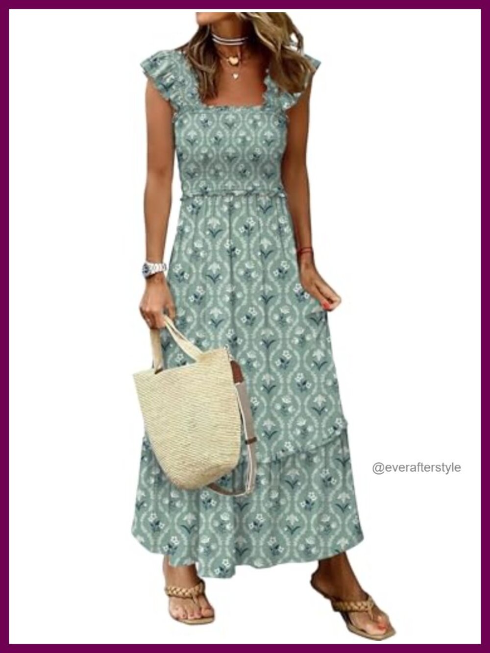 Sleeveless Maxi Dress Square Neck Smocked Ruffle Strap Flowy A-Line Sundress